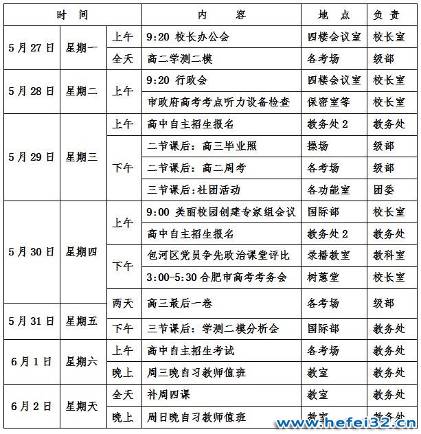 合肥市第三十二中学2018-2019学年度第二学期第十六周工作安排